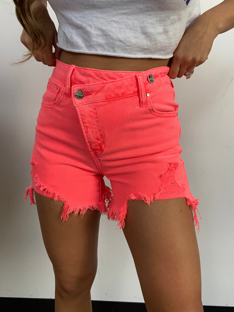 Coral Pink Asymmetrical High Waisted Distressed Denim Shorts