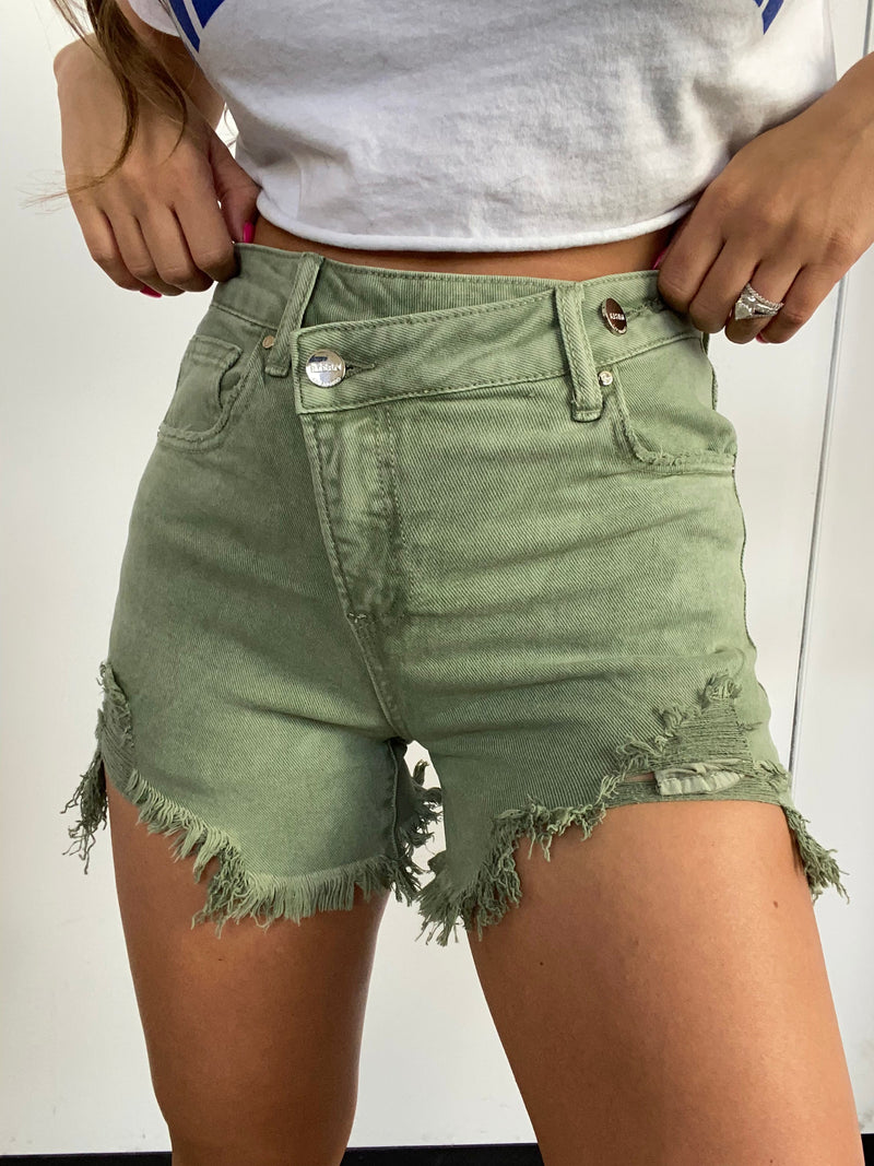 Olive Green Asymmetrical Distressed High Waist Shorts