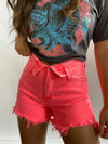 Coral Pink Fold Over Distressed Denim Shorts
