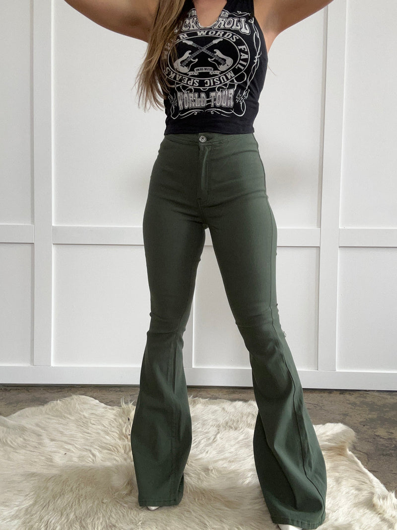 *Fiona High Waisted Bell Bottom Flare Jeans - Olive