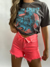 Coral Pink Fold Over Distressed Denim Shorts