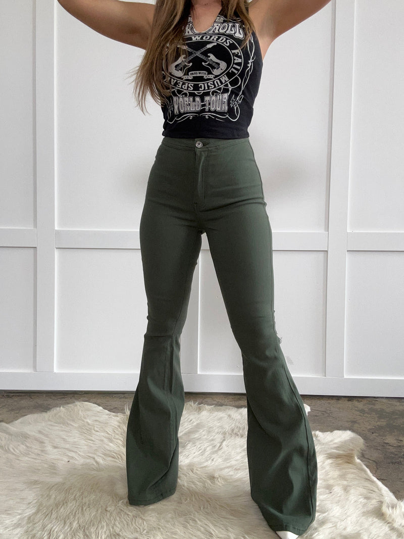 *Fiona High Waisted Bell Bottom Flare Jeans - Olive