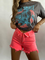 Coral Pink Fold Over Distressed Denim Shorts