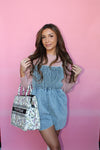 Spaghetti strap denim romper