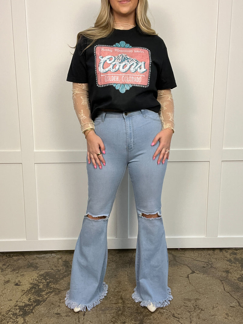 Light Wash Denim Distressed High Waisted Flares