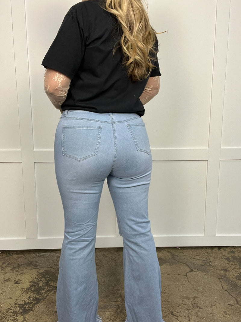 Light Wash Denim Distressed High Waisted Flares