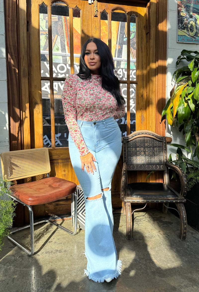 Light Wash Denim Distressed High Waisted Flares