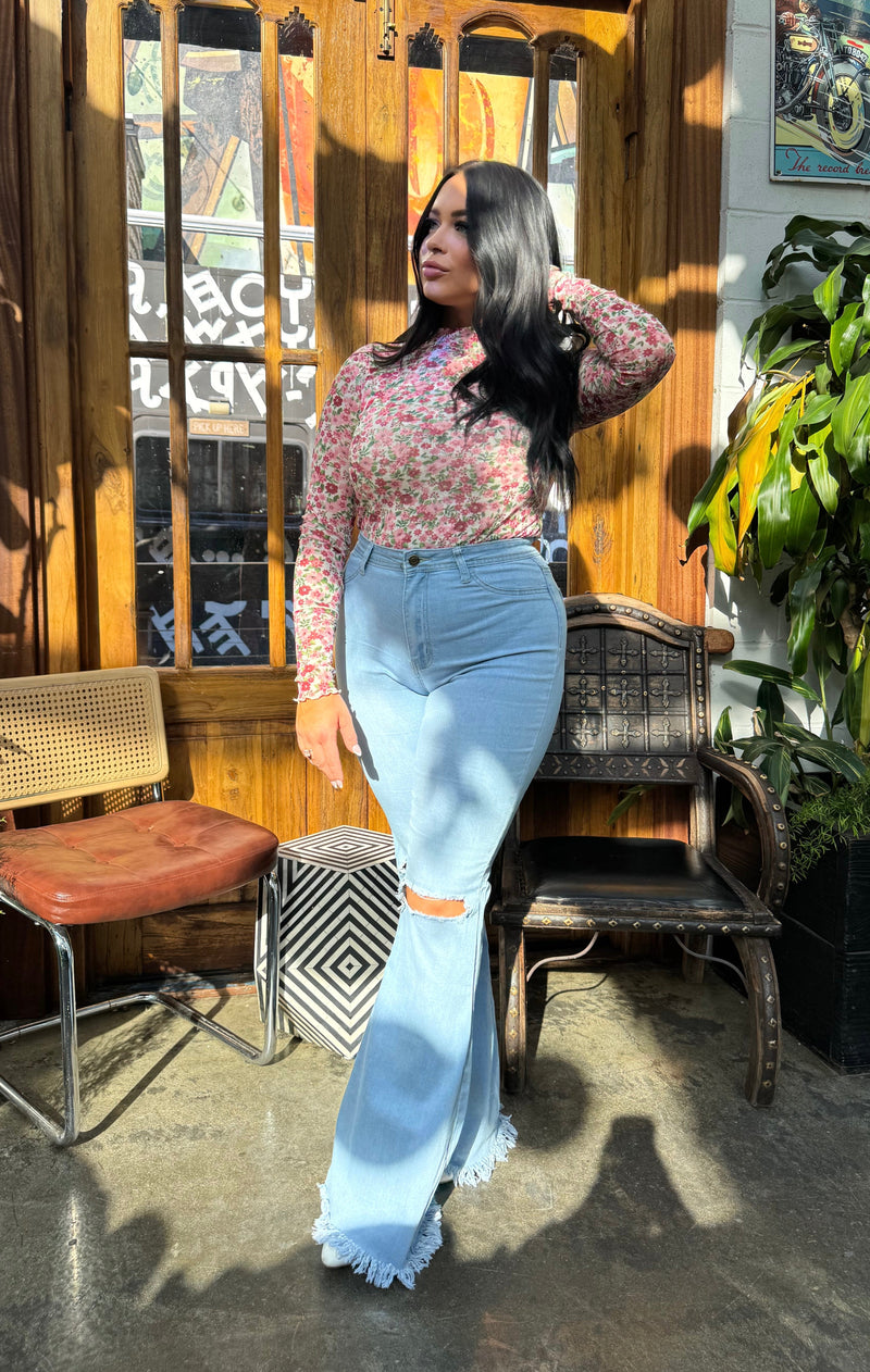 Light Wash Denim Distressed High Waisted Flares