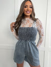 Spaghetti strap denim romper