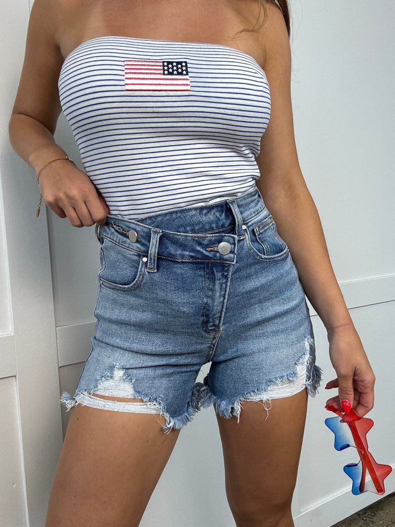 Medium Wash Distressed Asymmetrical Shorts
