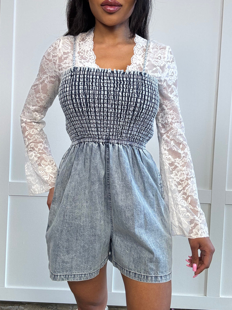 Spaghetti strap denim romper