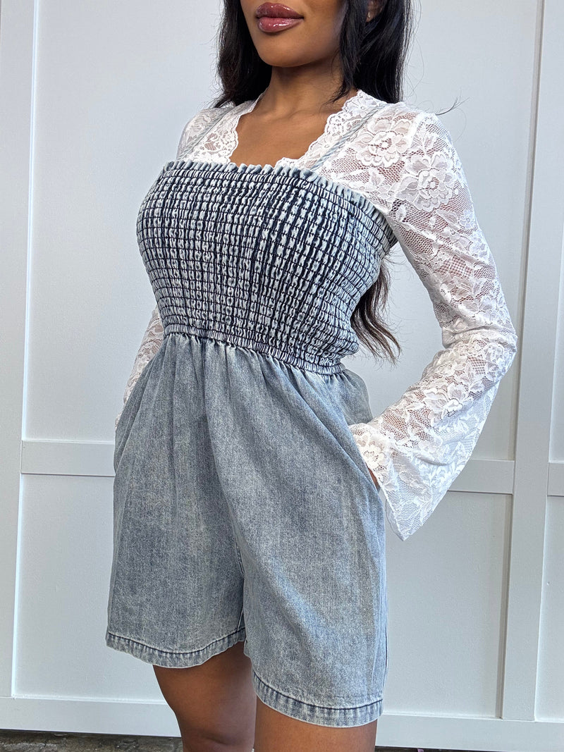 Spaghetti strap denim romper
