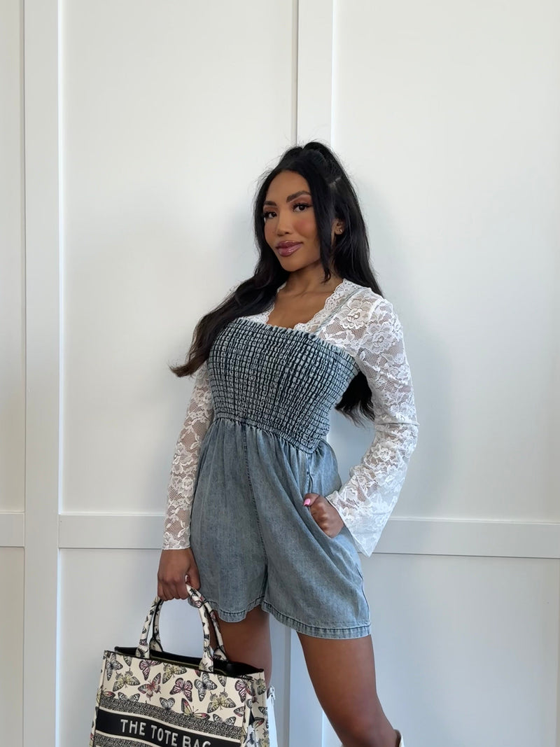 Spaghetti strap denim romper