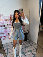 Spaghetti strap denim romper