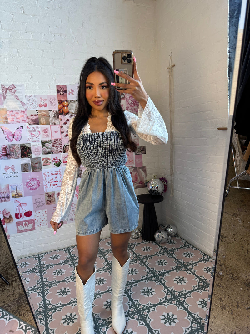 Spaghetti strap denim romper