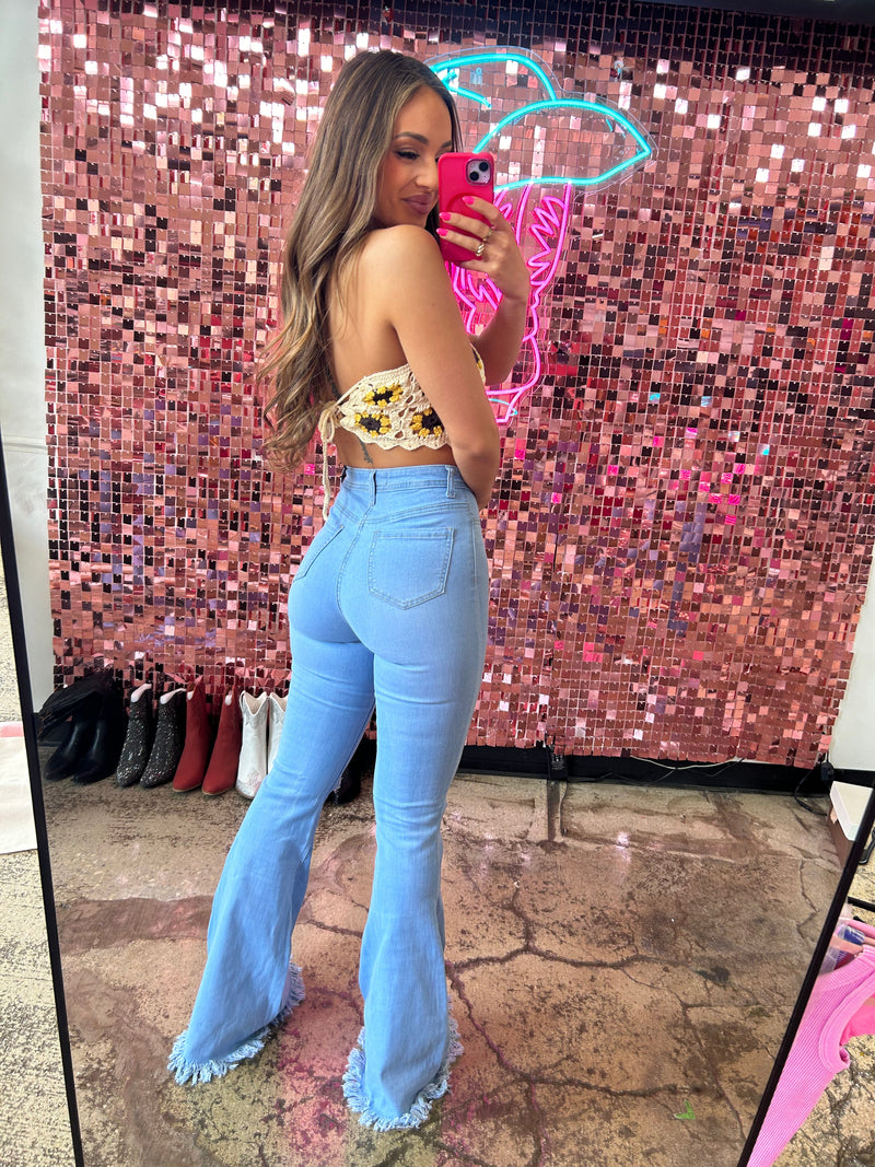 Light Wash Denim Distressed High Waisted Flares