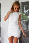 White Lace High Neckline Dress with Double Overlay Skirt
