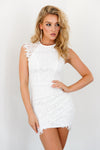 White Lace High Neckline Dress with Double Overlay Skirt