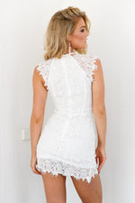 White Lace High Neckline Dress with Double Overlay Skirt