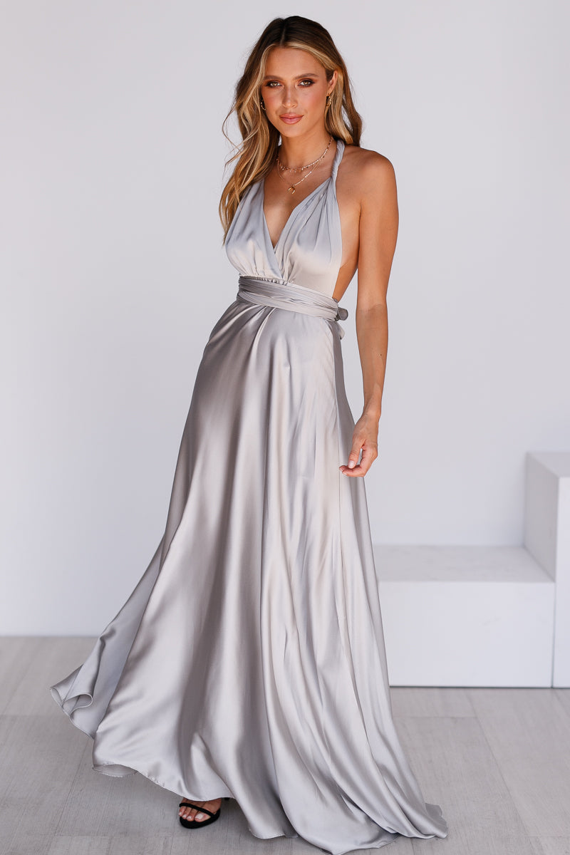 The Perfect Date Satin Maxi Dress (Silver) - BEST SELLING