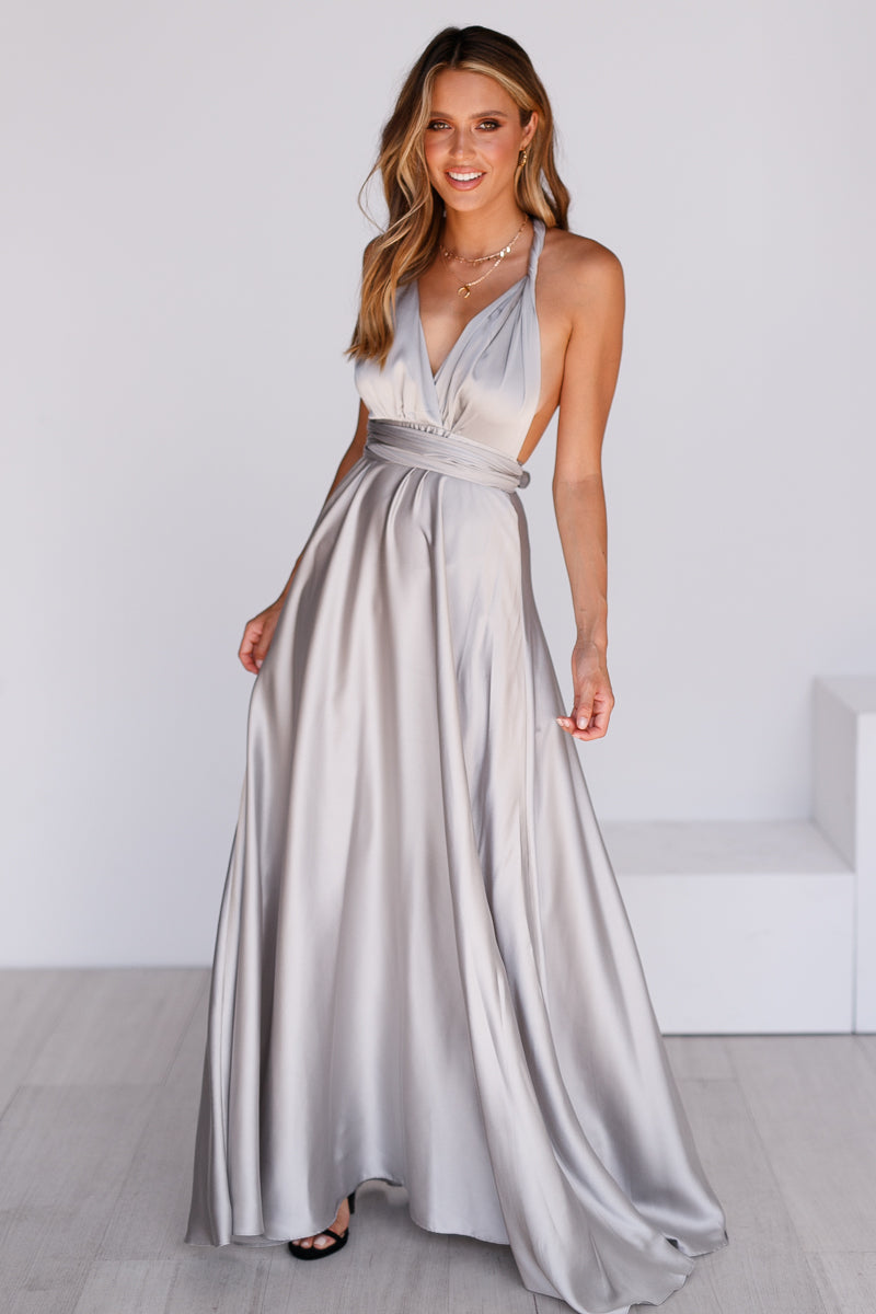 The Perfect Date Satin Maxi Dress (Silver) - BEST SELLING