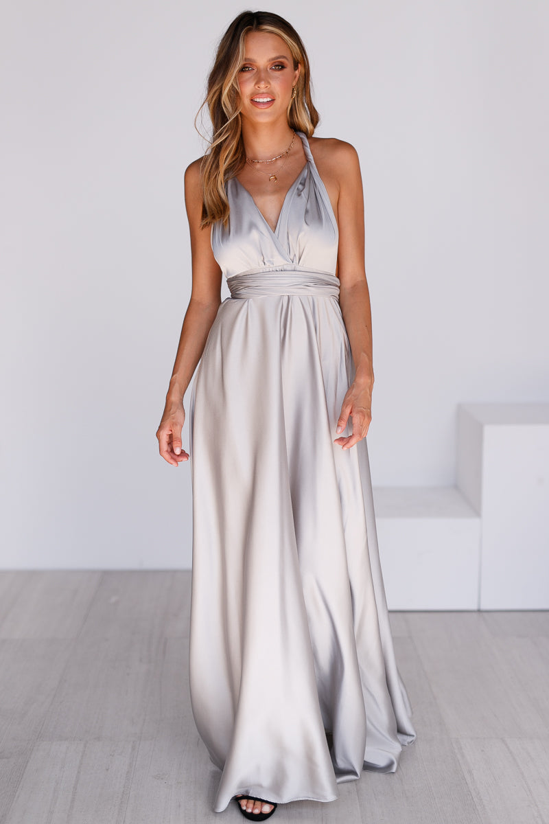The Perfect Date Satin Maxi Dress (Silver) - BEST SELLING
