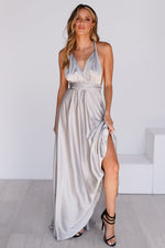 The Perfect Date Satin Maxi Dress (Silver) - BEST SELLING