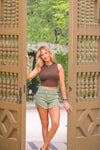 Olive Green Asymmetrical Distressed High Waist Shorts