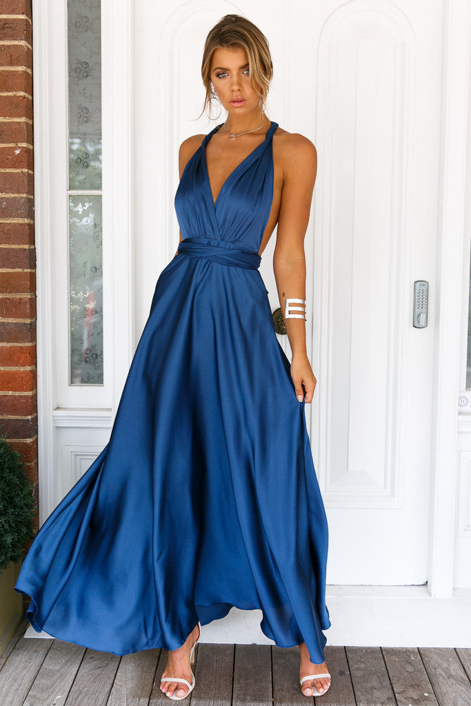 blue satin maxi dress Iris Long Sleeve / Frosted | MESHKI batwing sleeves Avec Les Filles Women's V-Neck