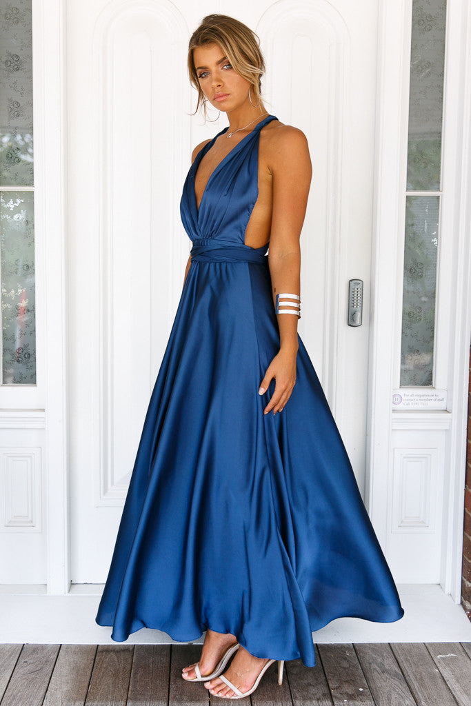 The Perfect Date Satin Maxi Dress (Navy), 14/XL