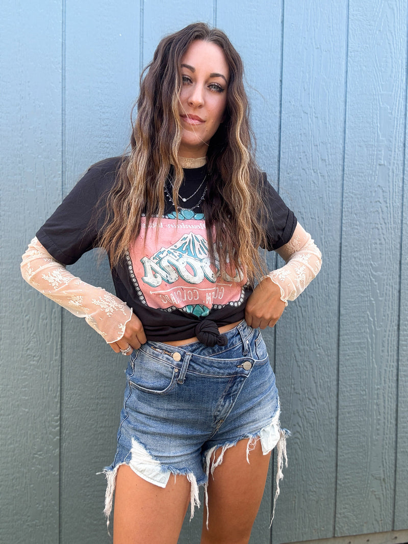 Medium Wash Distressed Asymmetrical Shorts