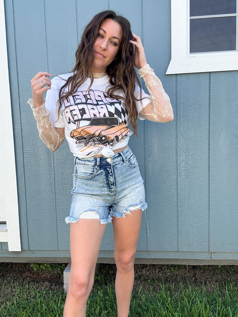 High Rise Distressed Acid Light Wash Shorts