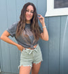 Olive Green Stretchy Fold Over Distressed Denim Shorts