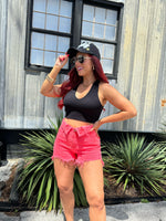 Coral Pink Fold Over Distressed Denim Shorts