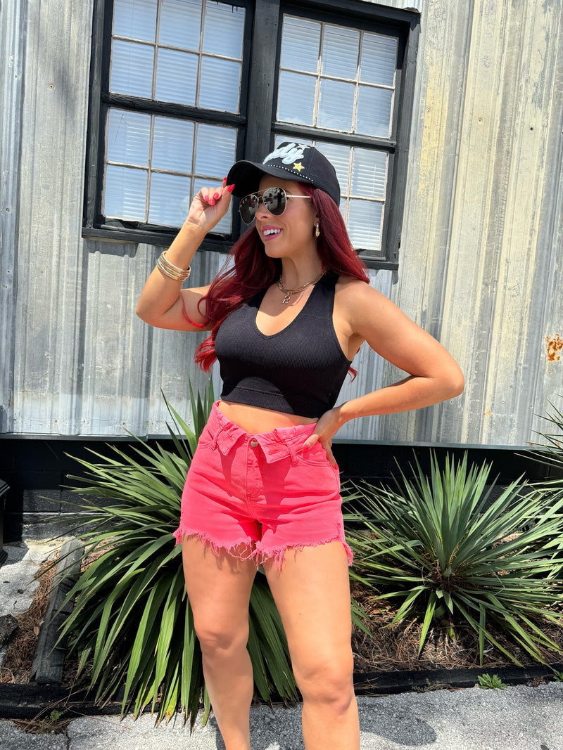 Coral Pink Fold Over Distressed Denim Shorts