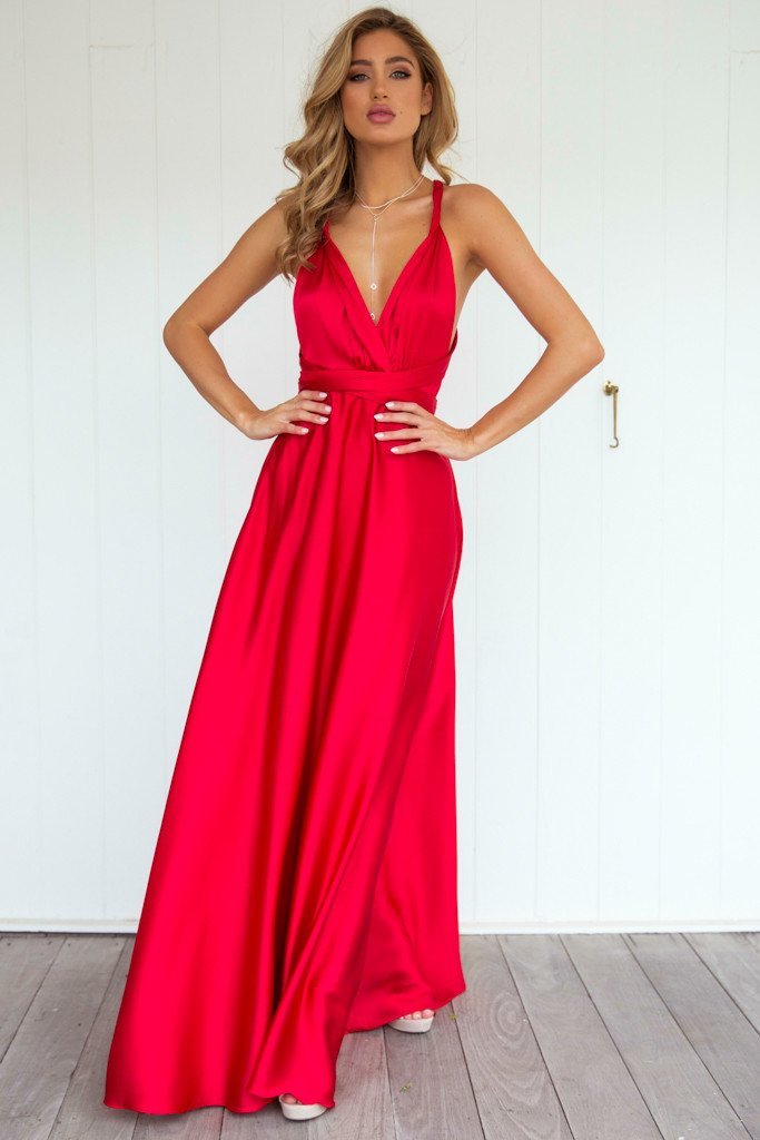 The Perfect Date Satin Maxi Dress (Red) - BEST SELLING