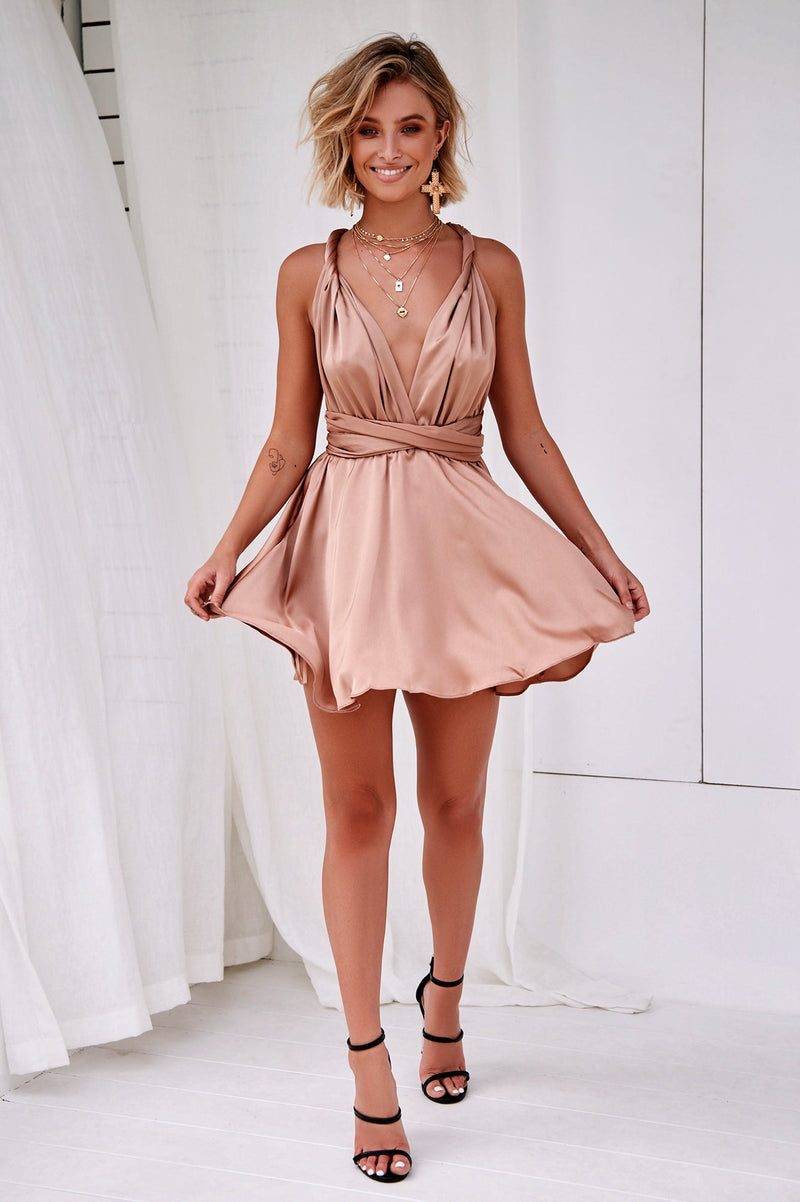 The Perfect Date Satin Mini Dress (Mocha)