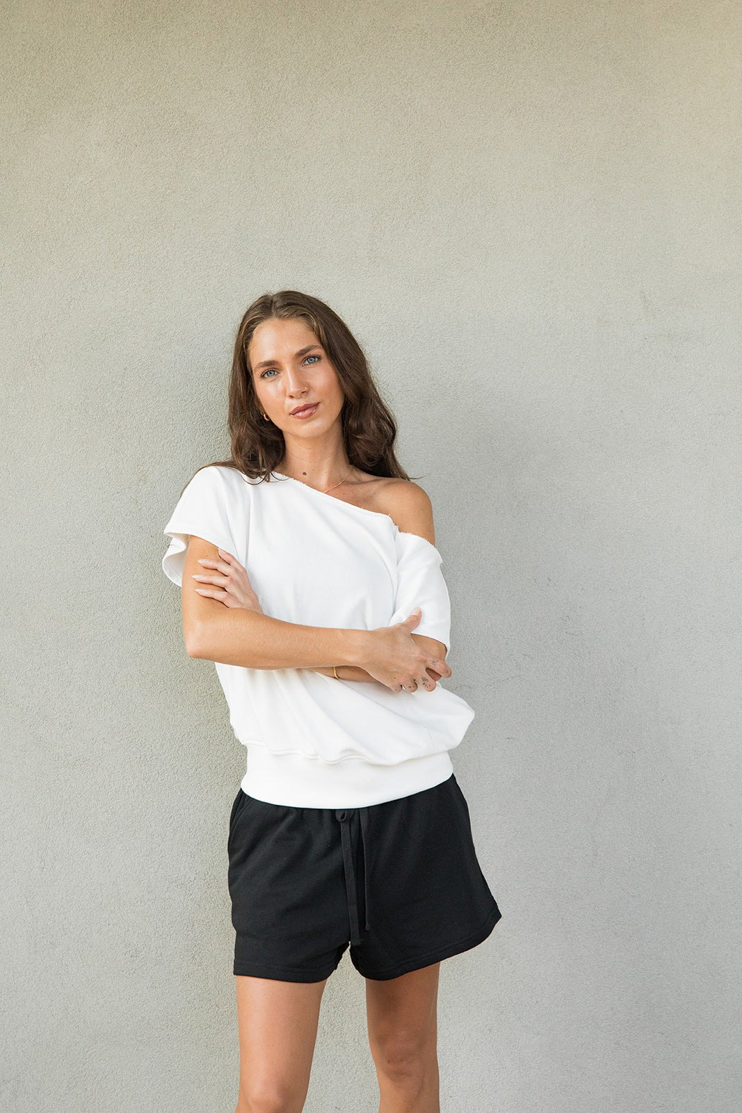 Soft Off White French Terry Sweatshirt with Off the Shoulder Neckline for Lounging and Cozy Nights