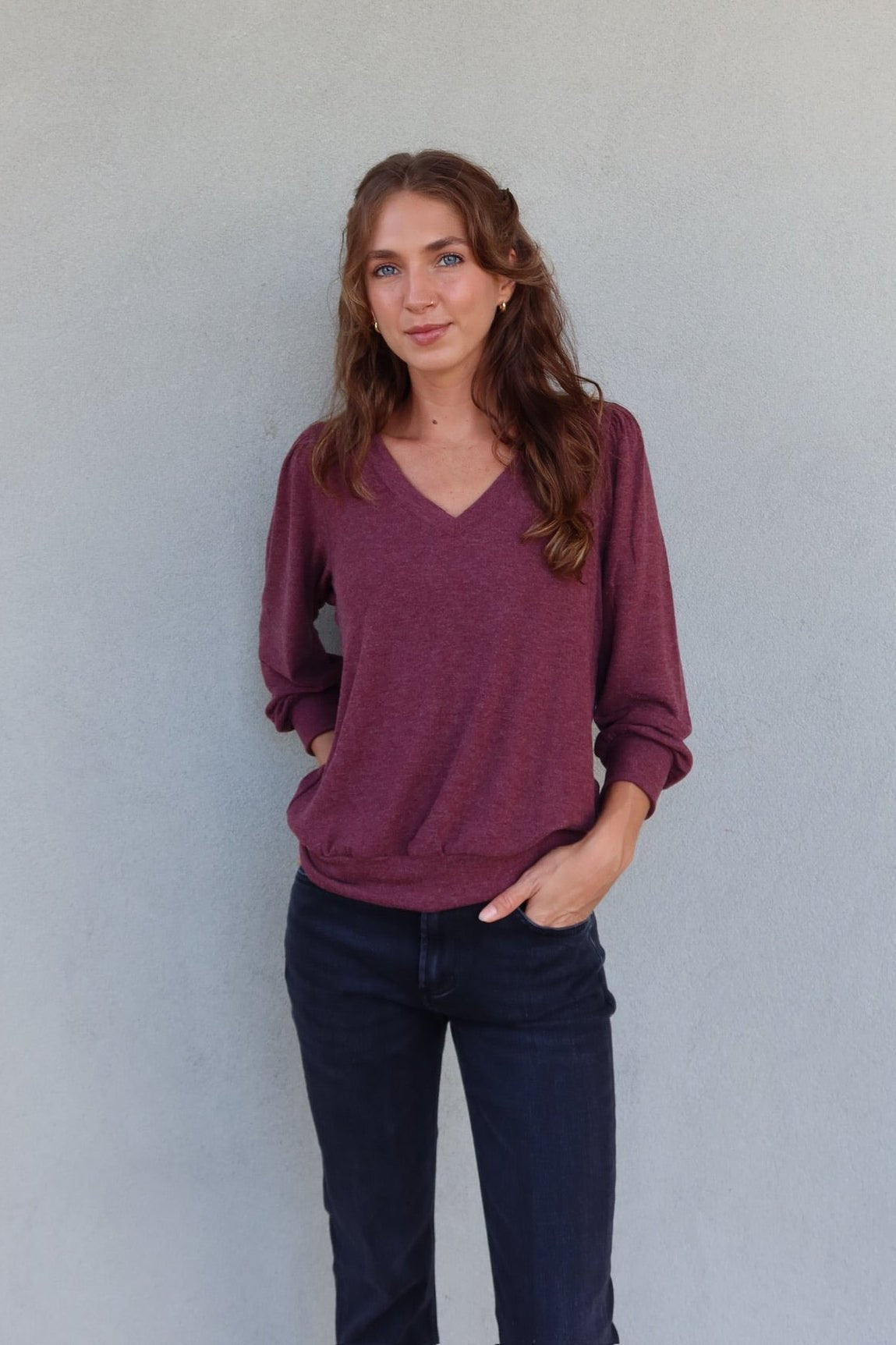 Effortless Soft Wine Semi Fitted Top with Ribbed Cuffs and Hem for Loungewear and Errands