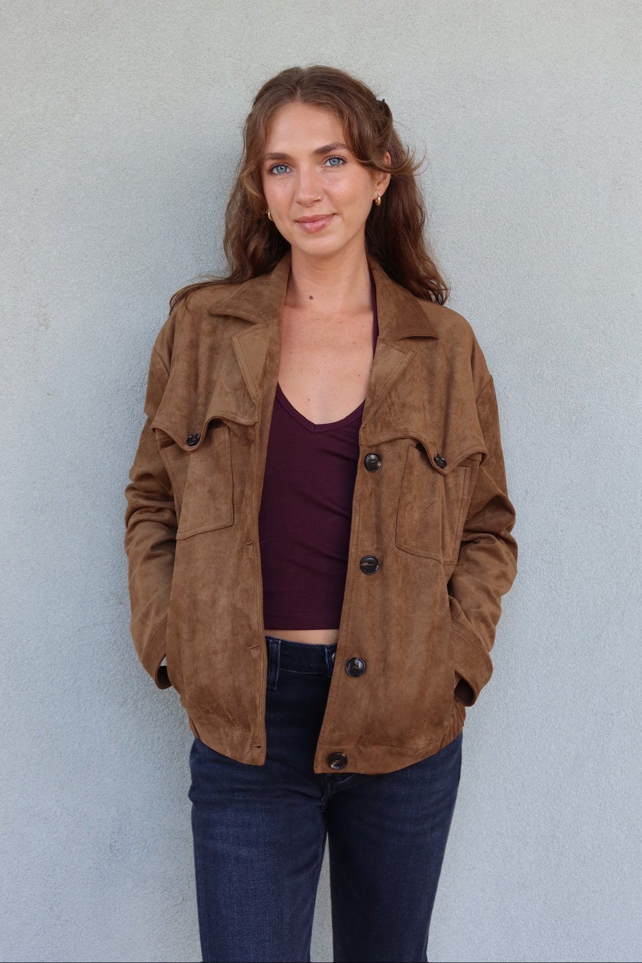 Timeless Walnut Faux Suede Jacket for Cool Fall Layering Over Dresses and Denim