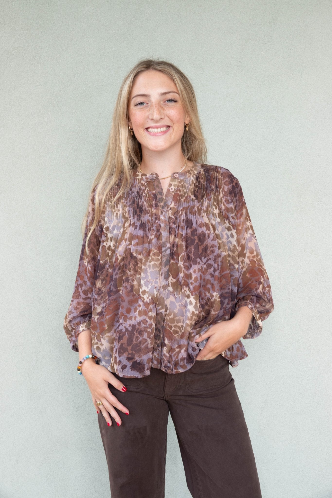 Boho Dusty Safari Watercolor Floral Blouse with Pintuck Yoke and Billowy Sleeves for Fall Styling