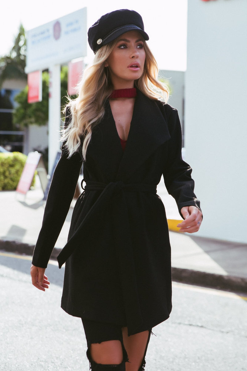Black Side Pocket Sash Belt Jacket