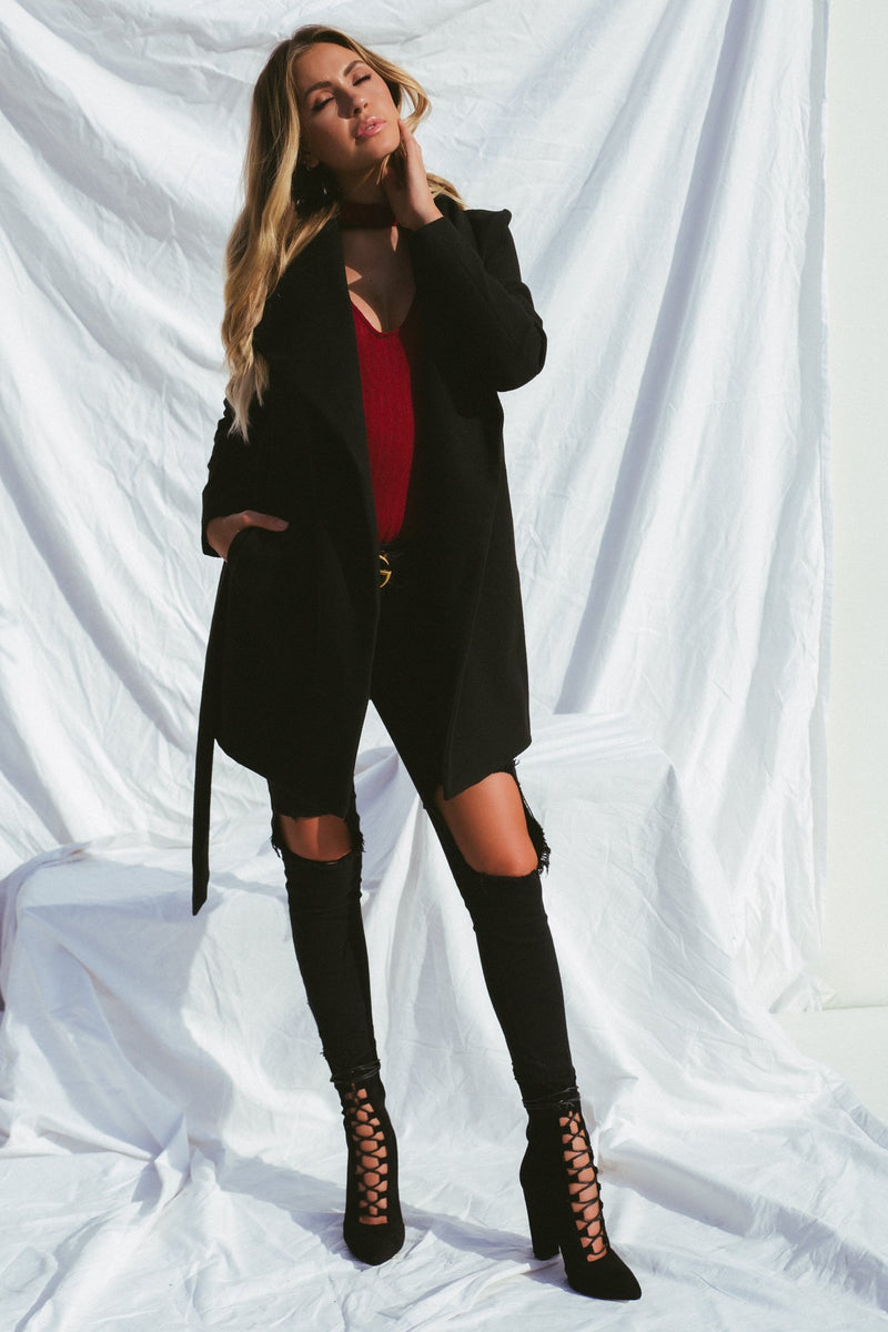 Black Side Pocket Sash Belt Jacket