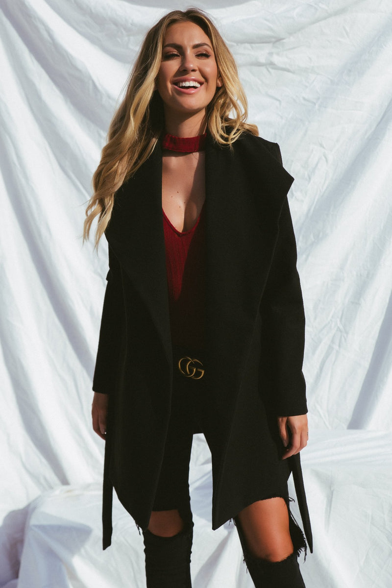 Black Side Pocket Sash Belt Jacket