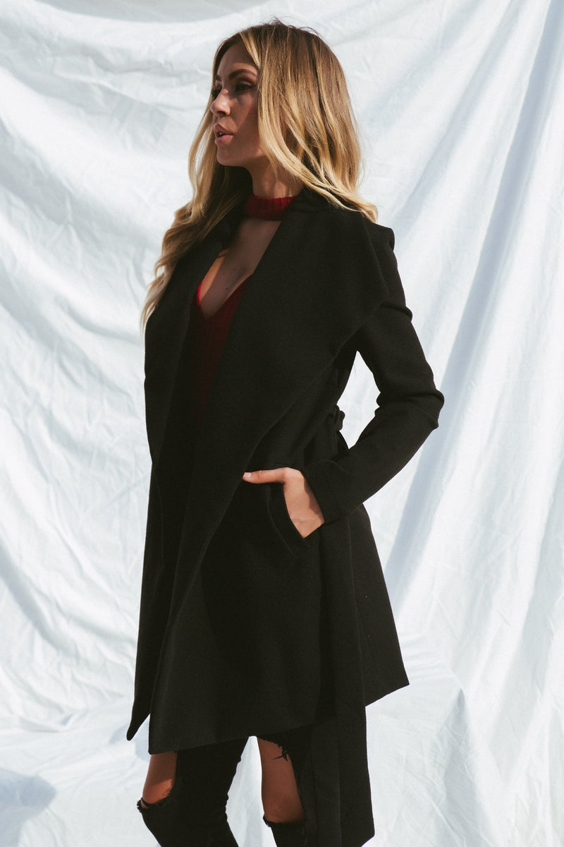 Black Side Pocket Sash Belt Jacket