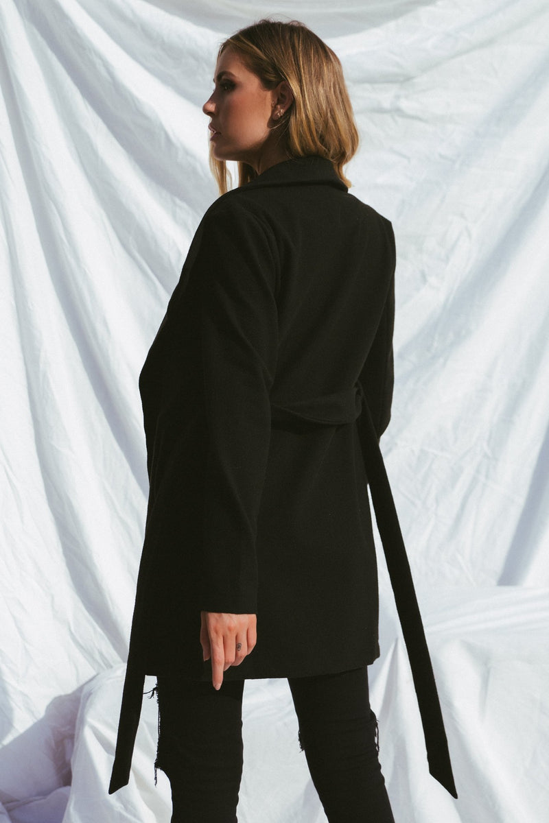 Black Side Pocket Sash Belt Jacket