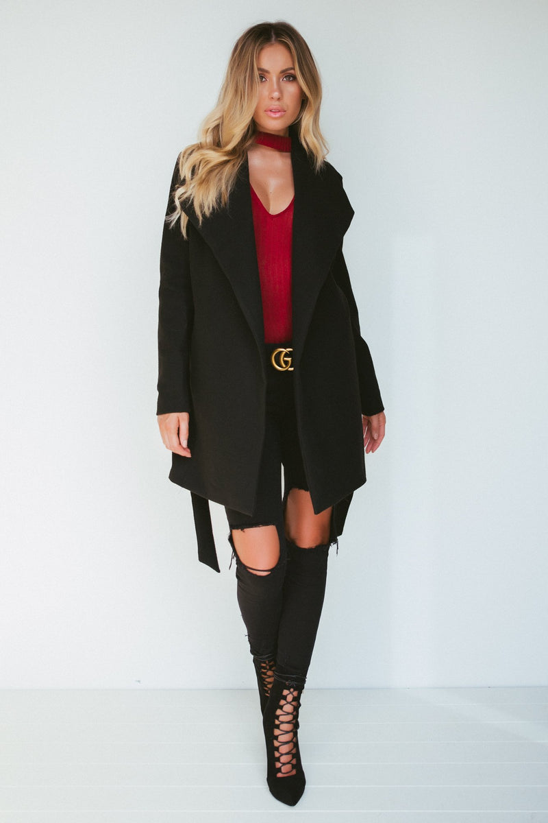 Black Side Pocket Sash Belt Jacket