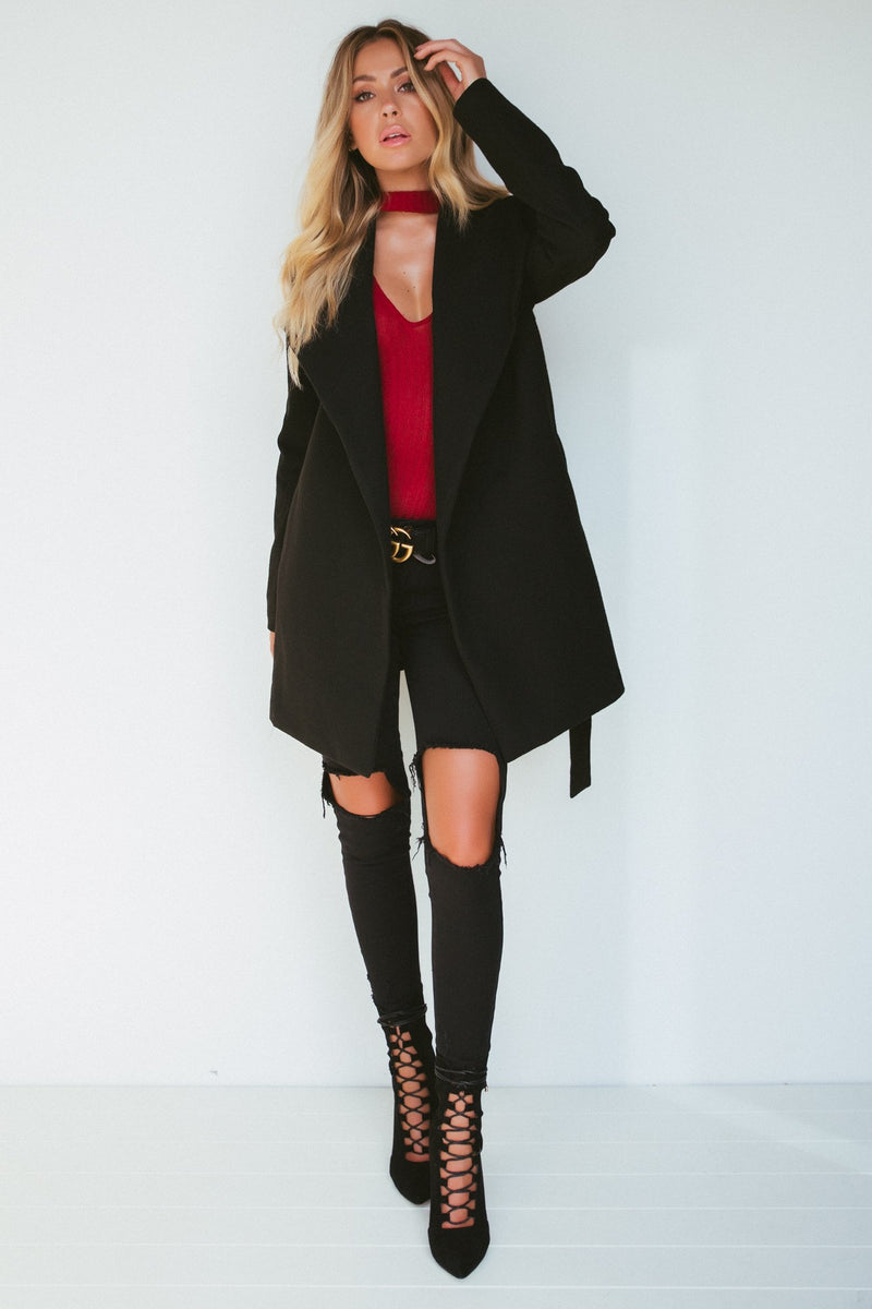 Black Side Pocket Sash Belt Jacket