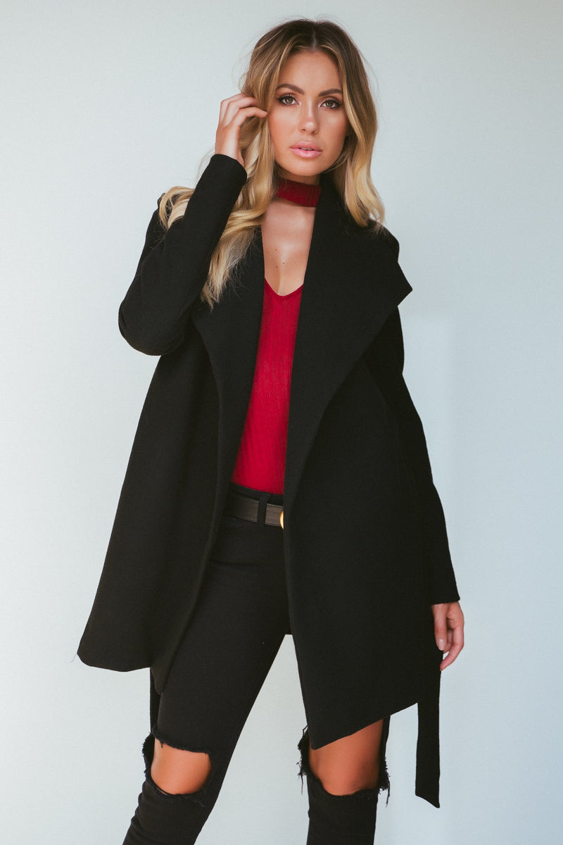 Black Side Pocket Sash Belt Jacket