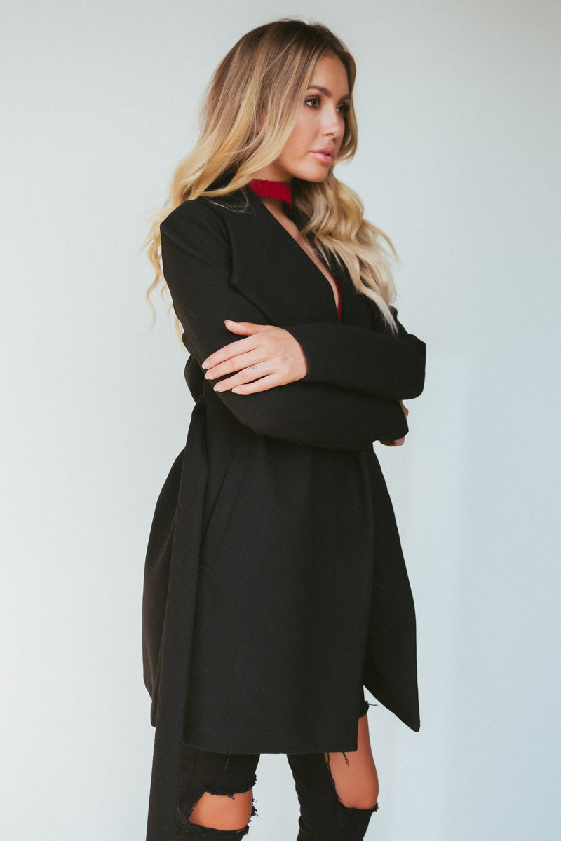 Black Side Pocket Sash Belt Jacket